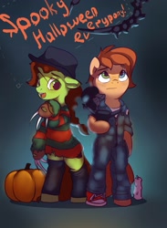 Size: 1095x1500 | Tagged: safe, artist:drafthoof, imported from derpibooru, oc, oc only, oc:oil drop, oc:rusty gears, alien, semi-anthro, clothes, cosplay, costume, duo, halloween, holiday, missing shoes, overalls, sweater