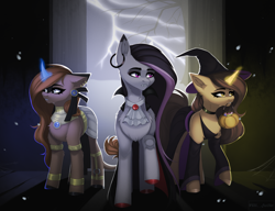 Size: 2600x2000 | Tagged: safe, artist:villjulie, imported from derpibooru, oc, oc only, oc:amiona, oc:gray rain, oc:night mirage, earth pony, pony, unicorn, vampire, clothes, costume, ear piercing, earring, earth pony oc, eyeshadow, fangs, female, halloween, halloween costume, hat, holiday, horn, huge mane, interior, intersex, jewelry, lighting, lightning, makeup, male, multicolored hair, piercing, pumpkin, standing, tree, unicorn oc, witch costume, witch hat