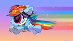 Size: 4096x2304 | Tagged: safe, artist:rrd-artist, imported from derpibooru, rainbow dash, pegasus, pony, chibi, clothes, cute, dashabetes, ear fluff, flying, goggles, profile, rainbow trail, smiling, solo, spread wings, tiny, tiny ponies, uniform, wings, wonderbolt trainee uniform