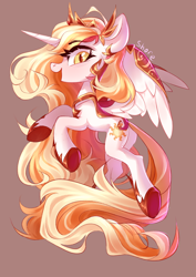 Size: 2894x4093 | Tagged: safe, artist:shore2020, imported from derpibooru, daybreaker, princess celestia, alicorn, pony, armor, chibi, female, hoof shoes, jewelry, looking at you, open mouth, simple background, smiling at you, solo, spread wings, tiara, wing armor, wings