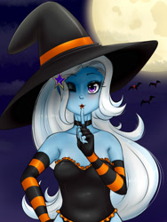 Size: 1500x2000 | Tagged: safe, artist:albertbm, imported from derpibooru, trixie, bat, equestria girls, blushing, clothes, costume, full moon, halloween, halloween costume, hat, holiday, looking at you, moon, one eye closed, silence, solo, witch, witch hat