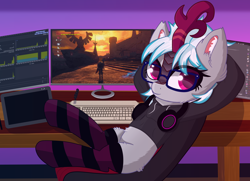 Size: 9960x7208 | Tagged: safe, artist:windy-pony, artist:windykirin, imported from derpibooru, oc, oc only, oc:windshear, kirin, absurd resolution, chair, clothes, computer, desk, drawing tablet, female, glasses, headphones, hoodie, keyboard, mare, sitting, socks, solo, striped socks