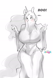 Size: 1539x2239 | Tagged: safe, artist:dragk, imported from derpibooru, princess celestia, alicorn, anthro, ghost, undead, bedsheet ghost, big breasts, breasts, busty princess celestia, clothes, costume, curvy, cute, halloween, halloween costume, holiday, horn, huge breasts, sheet, sillestia, silly, solo