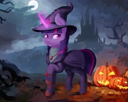 Size: 3103x2485 | Tagged: safe, artist:dukevonkessel, imported from derpibooru, twilight sparkle, pony, castle, clothes, costume, full moon, halloween, halloween costume, hat, high res, holiday, horn, magic, moon, night, solo