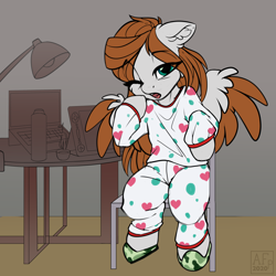 Size: 3364x3364 | Tagged: safe, artist:airfly-pony, imported from derpibooru, oc, oc only, oc:scarlett drop, pegasus, pony, clothes, cute, eye clipping through hair, eyebrows, eyebrows visible through hair, female, high res, long hair, looking at you, mare, ocbetes, one eye closed, open mouth, pajamas, pegasus oc, sitting, slippers, solo, wings, yawn