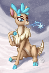 Size: 928x1384 | Tagged: safe, artist:calena, imported from derpibooru, velvet reindeer, deer, them's fightin' herds, community related, cute, sitting, snow, solo, storm, velvebetes, velvet (tfh)