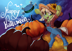 Size: 842x596 | Tagged: safe, artist:ginjallegra, imported from derpibooru, oc, oc:arion, oc:milli, earth pony, pony, robot, clothes, drone, dungarees, earth pony oc, eponafest, female, flower, food, halloween, hat, holiday, mare, pumpkin, scarecrow, sunflower, wheat