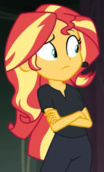 Size: 409x676 | Tagged: safe, imported from derpibooru, screencap, sunset shimmer, all the world's off stage, equestria girls, equestria girls series, all the world's off stage: micro chips, arms folded, cropped, crossed arms, director shimmer, female, headset, solo