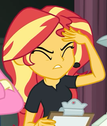 Size: 439x517 | Tagged: safe, imported from derpibooru, screencap, sunset shimmer, all the world's off stage, equestria girls, equestria girls series, clipboard, cropped, director shimmer, exasperated face, eyes closed, facepalm, female, solo focus