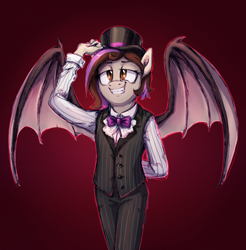 Size: 1894x1922 | Tagged: safe, artist:thebowtieone, imported from derpibooru, oc, oc only, oc:bowtie, anthro, vampire, clothes, female, hat, pants, solo, top hat, vest