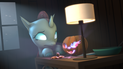 Size: 1920x1080 | Tagged: safe, artist:hatter's lye, imported from derpibooru, ocellus, changedling, changeling, 3d, bowl, egg, halloween, holiday, implied oviposition, jack-o-lantern, knife, lamp, pumpkin, solo, source filmmaker, spoon