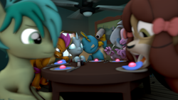 Size: 1920x1080 | Tagged: safe, artist:hatter's lye, imported from derpibooru, gallus, ocellus, sandbar, silverstream, smolder, yona, changeling, dragon, earth pony, griffon, hippogriff, pony, yak, 3d, bowl, breakfast, ceiling fan, colt, dragoness, egg, female, food, fork, implied oviposition, knife, male, milk bottle, pepper, salt, source filmmaker, student six, teenager