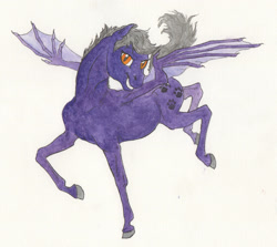 Size: 2006x1788 | Tagged: safe, artist:lady-limule, imported from derpibooru, oc, oc only, oc:elusive, bat pony, pony, bat pony oc, bat wings, colored hooves, female, grin, mare, smiling, solo, story included, traditional art, wings