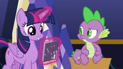 Size: 1920x1080 | Tagged: safe, imported from derpibooru, screencap, spike, twilight sparkle, alicorn, dragon, the last problem, comic book, twilight sparkle (alicorn), twilight's castle, winged spike, wings