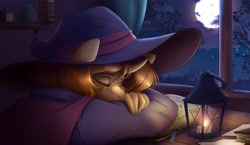 Size: 4096x2371 | Tagged: safe, artist:ardail, imported from derpibooru, oc, oc only, oc:sleepysketch, anthro, unicorn, book, bookmark, cute, gas lamp, hat, lantern, moon, ocbetes, sleeping, solo, studying, window, witch hat