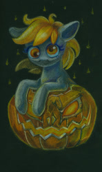 Size: 500x845 | Tagged: safe, artist:maytee, imported from derpibooru, derpy hooves, pegasus, pony, colored pencil drawing, halloween, holiday, jack-o-lantern, nightmare night, pumpkin, solo, traditional art