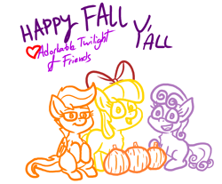 Size: 2022x1672 | Tagged: safe, artist:adorkabletwilightandfriends, imported from derpibooru, apple bloom, scootaloo, sweetie belle, earth pony, pegasus, pony, unicorn, adorkable, adorkable friends, autumn, bow, cute, cutie mark crusaders, dork, female, filly, halloween, happy, hind legs, holiday, message, pumpkin, simple background, sitting, smiling, white background