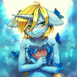 Size: 2000x2000 | Tagged: safe, artist:pony straponi, artist:st. oni, imported from derpibooru, oc, oc only, oc:skydreams, anthro, butterfly, unicorn, blue, blue eyes, blushing, female, heart, heartbreak, kintsugi, mare, symbolism