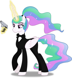 Size: 5023x5427 | Tagged: safe, artist:anime-equestria, imported from derpibooru, princess celestia, alicorn, pony, alternate clothes, alternate hairstyle, bowtie, clothes, eyeshadow, female, glowing horn, gun, handgun, horn, james bond, levitation, magic, makeup, mare, pistol, ponytail, simple background, smiling, solo, suit, telekinesis, transparent background, tuxedo, walther ppk, weapon, wings