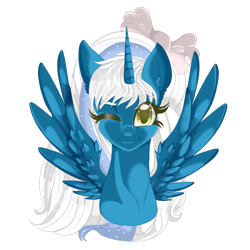 Size: 1024x1024 | Tagged: safe, artist:sakimiaji, imported from derpibooru, oc, oc only, oc:fleurbelle, alicorn, pony, alicorn oc, bow, female, hair bow, horn, mare, one eye closed, simple background, smiling, smiling at you, solo, transparent background, wingding eyes, wings, wink, yellow eyes