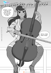 Size: 1200x1697 | Tagged: safe, artist:pia-sama, imported from derpibooru, octavia melody, anthro, earth pony, comic:rogue diamond, bedroom eyes, bow (instrument), bowtie, breasts, busty octavia, busty octavia melody, cello, cello bow, clothes, female, fishnet pantyhose, fishnets, looking at you, mare, musical instrument, robe, sandals, socks, stockings, sword, thigh highs, weapon