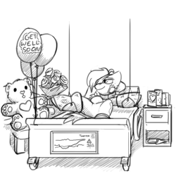 Size: 1280x1280 | Tagged: safe, artist:captainhoers, imported from derpibooru, oc, oc:tripster, earth pony, balloon, bandage, bed, bouquet, cast, female, flower, get well card, hospital, hospital bed, injured, sierra nevada, smiling, teddy bear