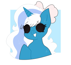 Size: 1280x1175 | Tagged: safe, artist:saltytrashlol, imported from derpibooru, oc, oc only, oc:fleurbelle, alicorn, pony, alicorn oc, blue background, bow, female, hair bow, horn, mare, simple background, solo, transparent background, wings