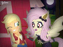 Size: 5556x4168 | Tagged: safe, artist:gutovi, imported from derpibooru, applejack, fluttershy, bat pony, equestria girls, appleshy, armband, bat ponified, bat wings, belt, belt buckle, blushing, clothes, dress, fangs, female, fishnet clothing, fishnet gloves, flutterbat, goth, hairband, hairpin, jeans, lesbian, licking, licking lips, pants, race swap, scared, shipping, tongue out, wings