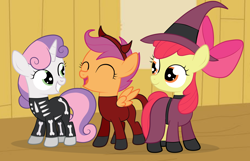 Size: 3864x2486 | Tagged: safe, artist:squipycheetah, imported from derpibooru, apple bloom, scootaloo, sweetie belle, earth pony, pegasus, pony, unicorn, bone, clothes, clubhouse, costume, crossover, crusaders clubhouse, cute, cutie mark crusaders, devil horns, disney, female, filly, lock shock and barrel, the nightmare before christmas, trio