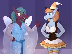 Size: 1280x960 | Tagged: safe, artist:jaysey, artist:kindheart525, imported from derpibooru, oc, oc only, oc:blue velvet, oc:red cedar, anthro, earth pony, auraverse, clothes, costume, dress, halloween, halloween costume, holiday, offspring, parent:burnt oak, parent:coloratura, parents:coloroak, story included