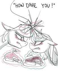 Size: 800x975 | Tagged: safe, artist:haden-2375, imported from derpibooru, princess celestia, princess luna, alicorn, pony, angry, bite mark, cake, crossed horns, duo, faceoff, female, food, grayscale, horn, horns are touching, looking at each other, magic, mare, monochrome, s1 luna, sketch, telekinesis