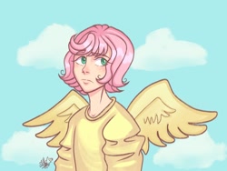 Size: 960x720 | Tagged: safe, artist:sungalaxaa, imported from derpibooru, fluttershy, human, alternate hairstyle, butterscotch, clothes, cloud, humanized, male, pretty boy, rule 63, shirt, sky, solo, winged humanization, wings