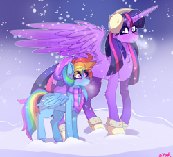 Size: 2364x2139 | Tagged: safe, artist:aaa-its-spook, imported from derpibooru, rainbow dash, twilight sparkle, alicorn, pegasus, accessories, accessory, blushing, clothes, earmuffs, female, lesbian, scarf, shipping, size difference, snow, snowfall, twidash, twilight sparkle (alicorn)