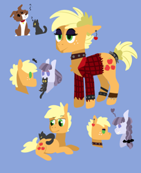 Size: 2310x2832 | Tagged: safe, artist:sandieapple, imported from derpibooru, applejack, inky rose, winona, cat, dog, earth pony, pegasus, pony, alternate hairstyle, anklet, blue background, chest fluff, choker, ear piercing, earring, eyeshadow, female, flannel, freckles, goth, gothjack, grin, heart, inkyjack, jewelry, lesbian, makeup, mare, mouth hold, piercing, question mark, shipping, simple background, smiling, spiked choker, spiked wristband, wristband