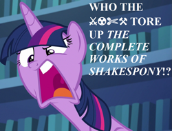 Size: 945x720 | Tagged: safe, edit, edited screencap, imported from derpibooru, screencap, twilight sparkle, alicorn, pony, every little thing she does, angry, book, censored vulgarity, cropped, faic, grawlixes, implied book abuse, library, long neck, mawshot, open mouth, solo, speech, talking, twilight sparkle (alicorn), uvula