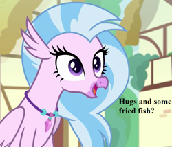 Size: 840x720 | Tagged: safe, edit, edited screencap, imported from derpibooru, screencap, silverstream, uprooted, bronybait, cropped, cute, diastreamies, flipped image, hug request, jewelry, necklace, ponyville, speech, talking