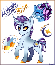 Size: 700x833 | Tagged: safe, artist:esmeia, imported from derpibooru, starlight glimmer, trixie, oc, oc:midnight dazzle, female, lesbian, magical lesbian spawn, male, offspring, parent:starlight glimmer, parent:trixie, parents:startrix, shipping, startrix