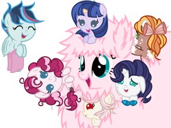 Size: 1278x954 | Tagged: safe, artist:anno酱w, imported from derpibooru, oc, oc:apple harvest, oc:emerald jade, oc:flora shy, oc:fluffle puff, oc:planet twinkle, oc:rushing storm, oc:strawberry cake(anno), dracony, dragon, earth pony, hybrid, pegasus, pony, unicorn, baby, baby pony, base used, bow, curly hair, eyes closed, flying, freckles, interspecies offspring, offspring, parent:applejack, parent:cheese sandwich, parent:discord, parent:flash sentry, parent:fluttershy, parent:pinkie pie, parent:rainbow dash, parent:rarity, parent:soarin', parent:spike, parent:trouble shoes, parent:twilight sparkle, parents:cheesepie, parents:discoshy, parents:flashlight, parents:soarindash, parents:sparity, parents:troublejack, simple background