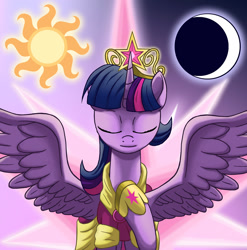 Size: 1500x1520 | Tagged: safe, artist:starbat, imported from derpibooru, twilight sparkle, alicorn, pony, clothes, coronation dress, dress, moon, solo, sun, twilight sparkle (alicorn)