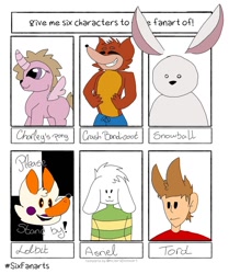 Size: 1024x1223 | Tagged: safe, artist:snowcatfnasc, imported from derpibooru, oc, alicorn, anthro, bandicoot, goat, human, pony, six fanarts, alicorn oc, animatronic, anthro with ponies, asriel dreemurr, bust, clothes, crash bandicoot, crash bandicoot (series), crossover, eddsworld, five nights at freddy's, horn, lolbit, male, smiling, tord (eddsworld), undertale, wings