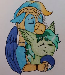 Size: 939x1080 | Tagged: safe, artist:raritylover152, imported from derpibooru, gallus, sandbar, earth pony, griffon, pony, the last problem, armor, cuddling, gallbar, gay, hug, male, older, older sandbar, resting, royal guard gallus, shipping, traditional art