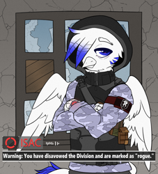 Size: 2000x2200 | Tagged: safe, artist:etoz, imported from derpibooru, oc, oc only, oc:light speed, anthro, griffon, bulletproof vest, camouflage, clothes, commission, griffon oc, hood, male, solo, text, the division, tired, tom clancy, tom clancy's the division, watch, wings