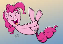 Size: 2916x2036 | Tagged: safe, artist:fladdrarblyg, artist:flutterstormreturns, imported from derpibooru, pinkie pie, earth pony, pony, diving, eyes closed, female, gradient background, high res, mare, open mouth, solo, white outline