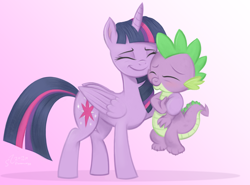 Size: 4180x3100 | Tagged: safe, artist:fladdrarblyg, artist:flutterstormreturns, imported from derpibooru, spike, twilight sparkle, alicorn, dragon, pony, cute, duo, eyes closed, female, gradient background, high res, hug, male, mare, smiling, spikabetes, spikelove, twiabetes, twilight sparkle (alicorn)