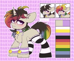 Size: 2400x2000 | Tagged: safe, artist:etoz, imported from derpibooru, oc, oc only, oc:agap, pony, unicorn, angry, bell, blushing, cat bell, clothes, collar, cute, femboy, horn, male, multicolored hair, rainbow hair, reference sheet, socks, stallion, stockings, text, thigh highs, tsundere, unicorn oc