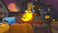 Size: 1280x720 | Tagged: safe, artist:horsesplease, imported from derpibooru, applejack, 3d, apple, applejack-o-lantern, evil grin, food, gmod, grin, halloween, hatless, holiday, jack-o-lantern, missing accessory, moon, pumpkin, smiling