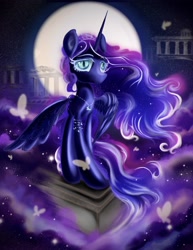 Size: 2550x3300 | Tagged: safe, artist:eris azure, imported from derpibooru, nightmare moon, alicorn, butterfly, pony, cloud, eyebrows, jewelry, mane, moon, necklace, sky, solo, stars