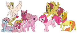 Size: 2500x1080 | Tagged: safe, artist:cyclone62, imported from derpibooru, floater, mommy sweet celebrations, pinkie pie, pinkie pie (g3), surprise, up up and away, earth pony, pegasus, pony, adoraprise, bow, cute, diapinkes, female, festibetes, festivities, floatabetes, flying, g1, g1 to g4, g2, g2 to g4, g3, g3 diapinkes, g3 to g4, g4, generation leap, mare, mommy sweet sweet celebrations, open mouth, open smile, raised hoof, raised leg, rearing, simple background, smiling, surprise (g1), tail bow, twice as fancy, up up and awayabetes, white background