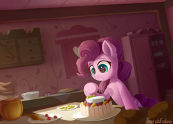 Size: 2500x1800 | Tagged: safe, artist:emeraldgalaxy, imported from derpibooru, pinkie pie, earth pony, pony, baking, cake, cooking, female, food, kitchen, mare, pie, smiling, solo