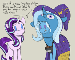 Size: 1075x866 | Tagged: safe, artist:sinrar, imported from derpibooru, starlight glimmer, trixie, pony, unicorn, cape, clothes, costume, duo, female, hat, mare, pony costume, third person, trixie's cape, trixie's hat